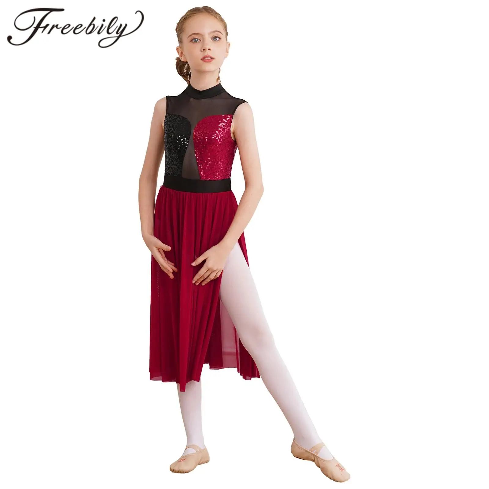 

Children Modern Lyrical Dance Costume Kids Girls Sparkly Sequins Patchwork Sleeveless Dress Worship Choir Liturgical Dancewear