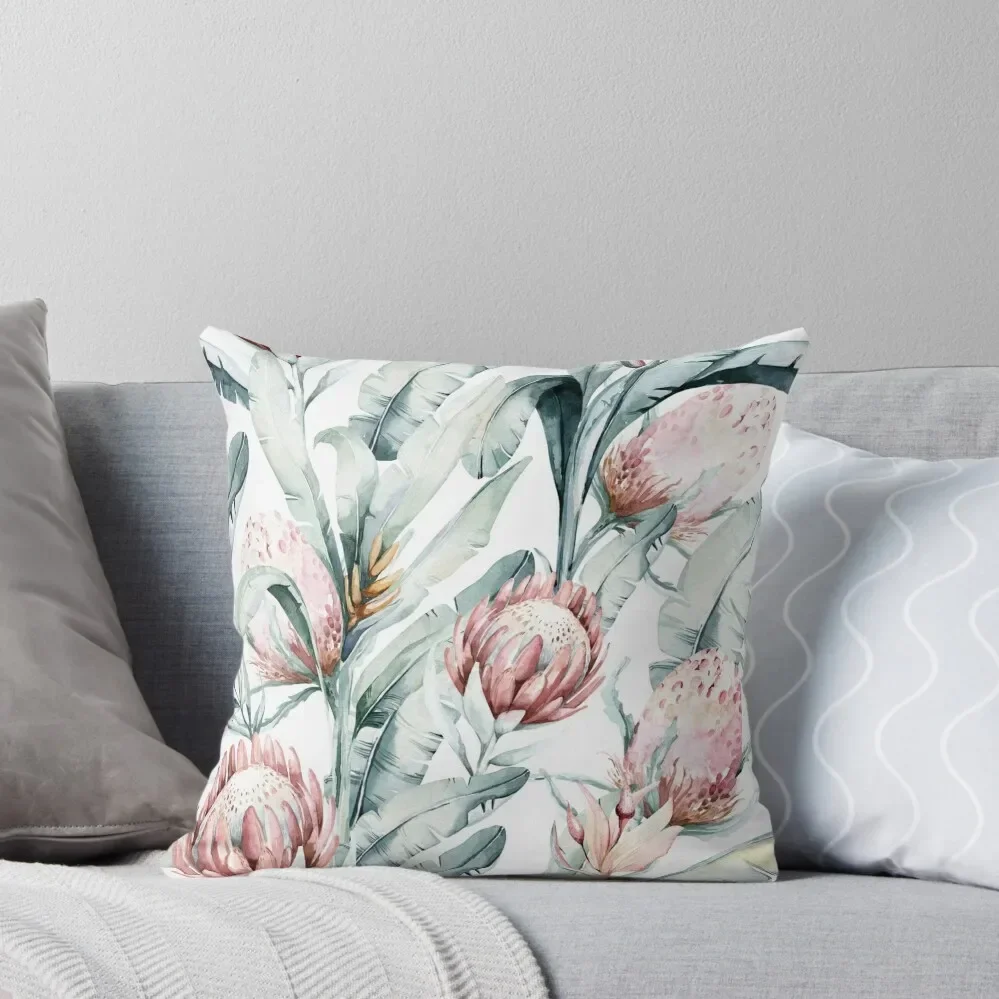 Protea seamless pattern flower, hand painted illustration of exotic floral elements background Throw Pillow