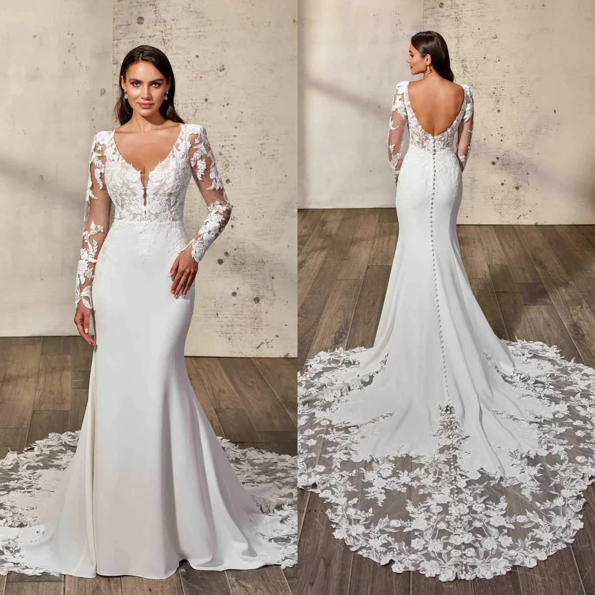 

Charming Mermaid Wedding Dresses Lace Ruched Full Sleeves Bridal Gowns Sexy Backless Long Train Customized Vestidos De Mariee