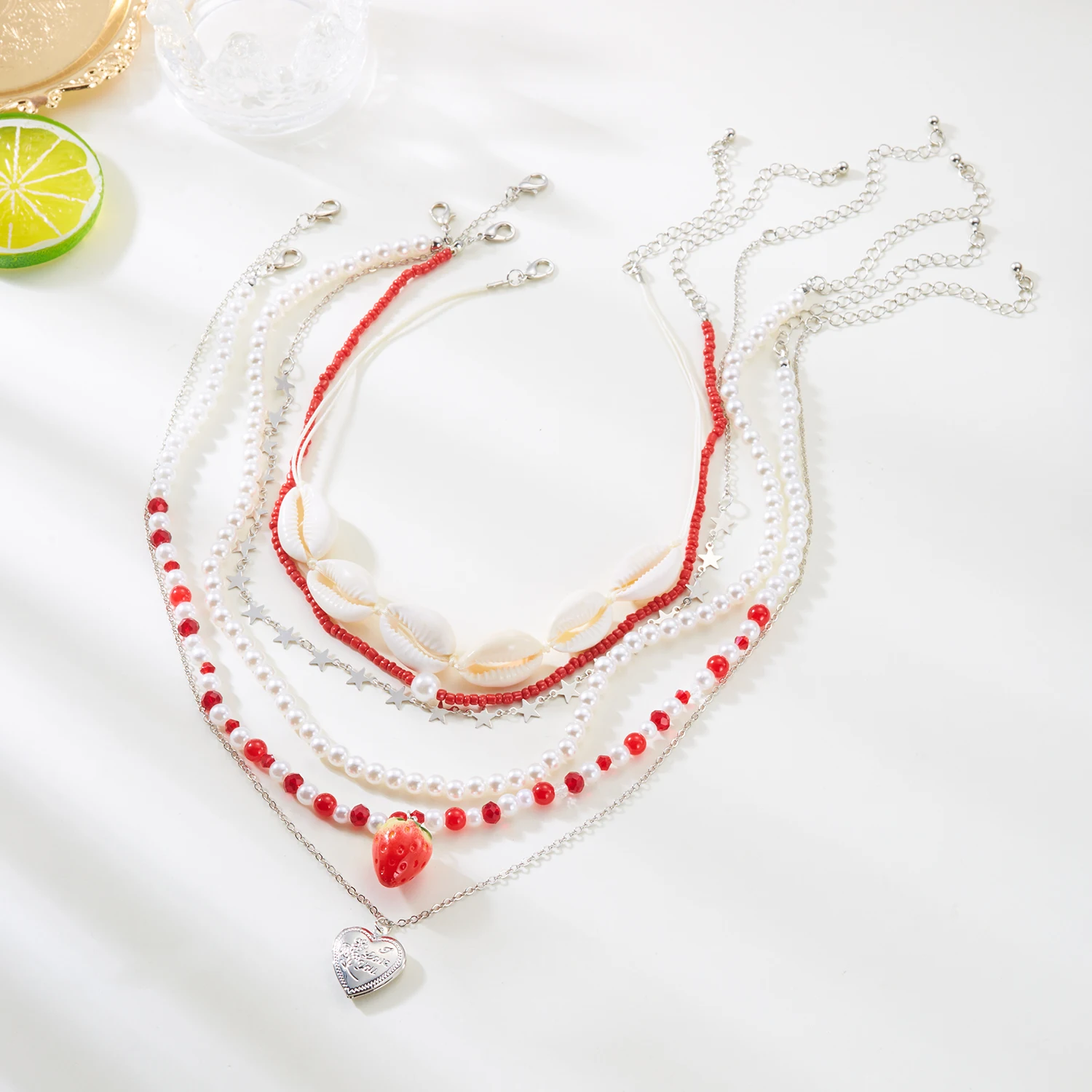 Romantic Sweet Pink Bow Love Heart Pendant Necklace Set for Women Simple Handmade Multi-Layer Beaded Necklace Party Jewelry