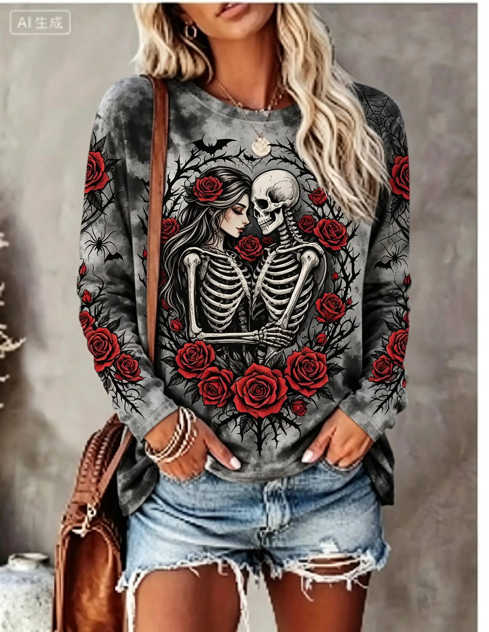 Women Halloween Long Sleeve T‑Shirt Day of the Dead Sugar Skull Rose Floral Print Crew Neck Fall Casual Tops