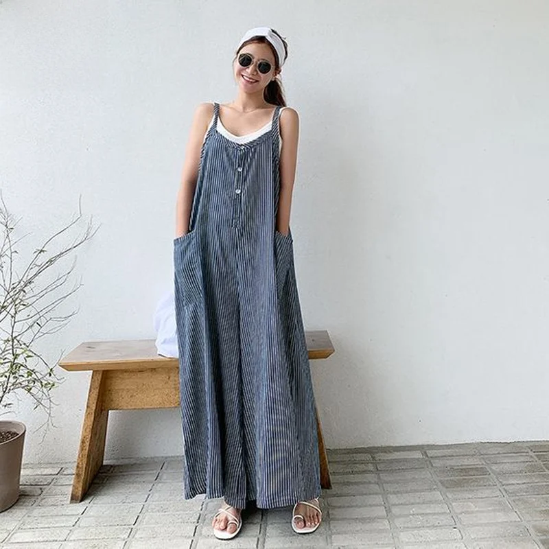 الكورية Sle وزرة مخططة غير رسمية المرأة فضفاضة بنطال ذو قصة أرجل واسعة مع كيتس كبيرة بنطلون طويل عالية الخصر تخفيف Sle