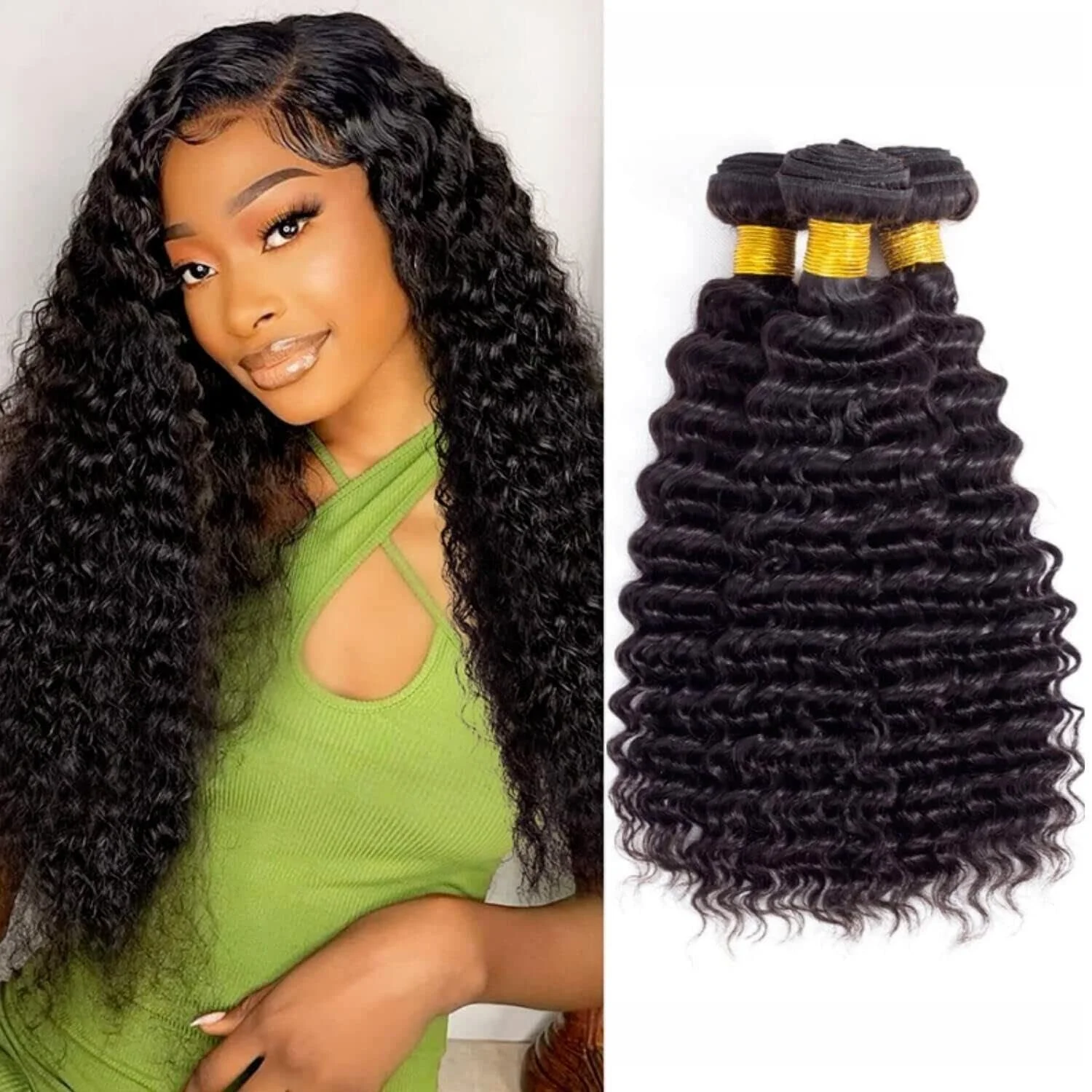 Deep Wave Human Hair Bundles 22 24 26 Inch Brazilian Curly Bundles Human Hair 3 Bundles 100% Human Hair Bundles Natural Black