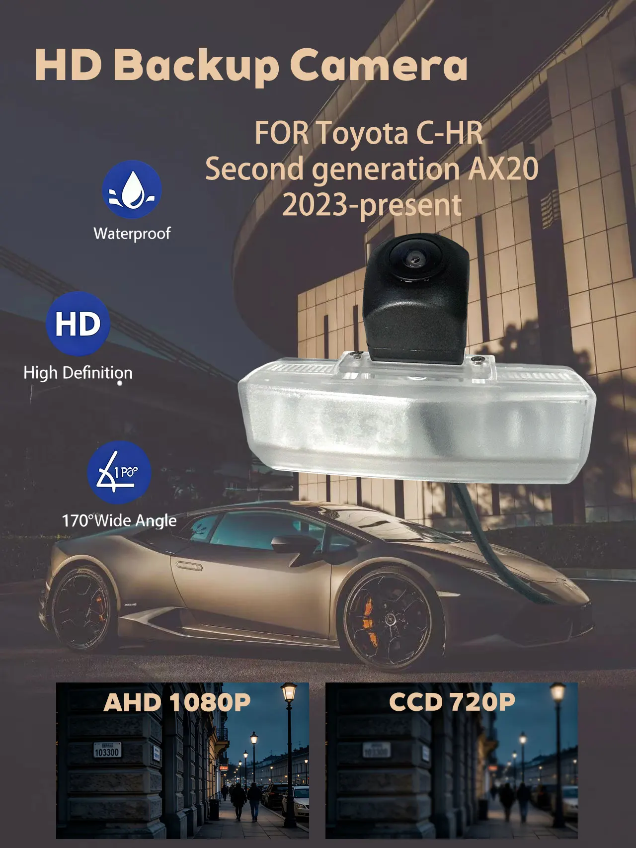 

For Toyota C-HR AX20 2023-present CCD 720P & AHD 1080P Available HD Waterproof Night Vision Rear View Backup Camera