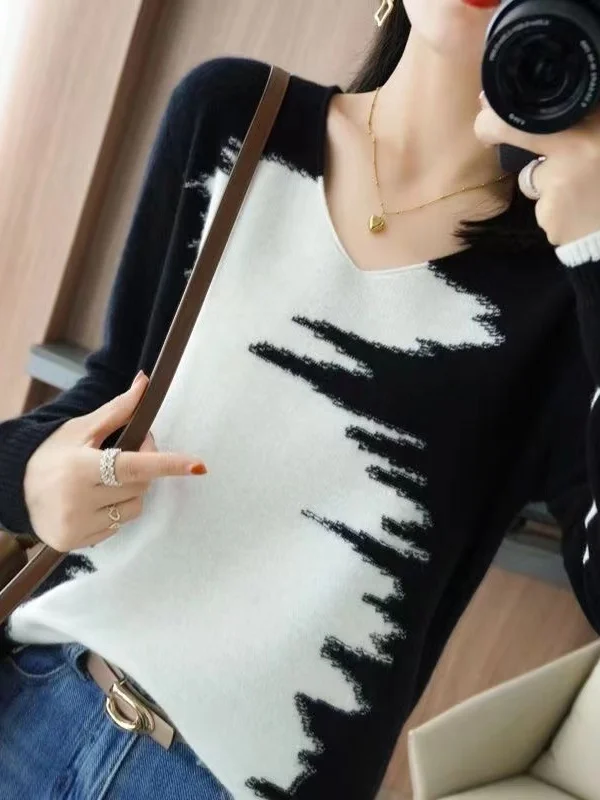 

Women's V-Neck Knitted Sweater Color Block Woolen Top Casual Warm Fashionable Long Sleeve Autumn Winter Knitwear