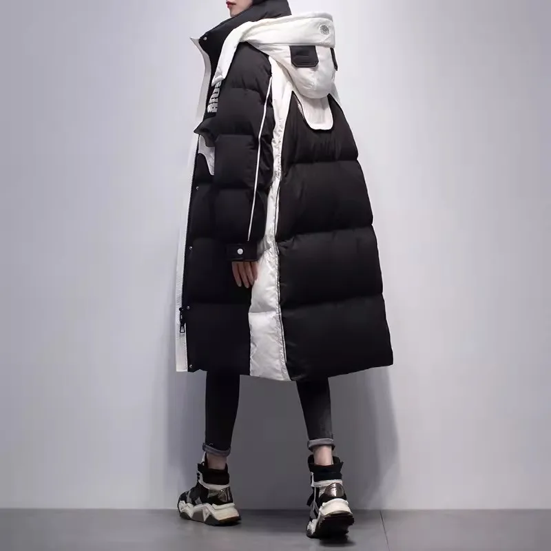 

Black White Contrasting Down Jacket Women's Casual Wear 2024 Winter New White Duck Down Hooded Coat Female Warm Long Parkas