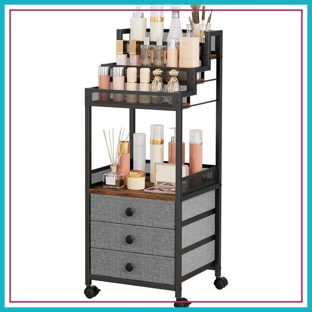 

Rolling Makeup Storage Cart with Fabric Drawers, 13in Floor Vanity Organizer for Cosmetics, Perfume, Nail Polish, Rustic Brown
