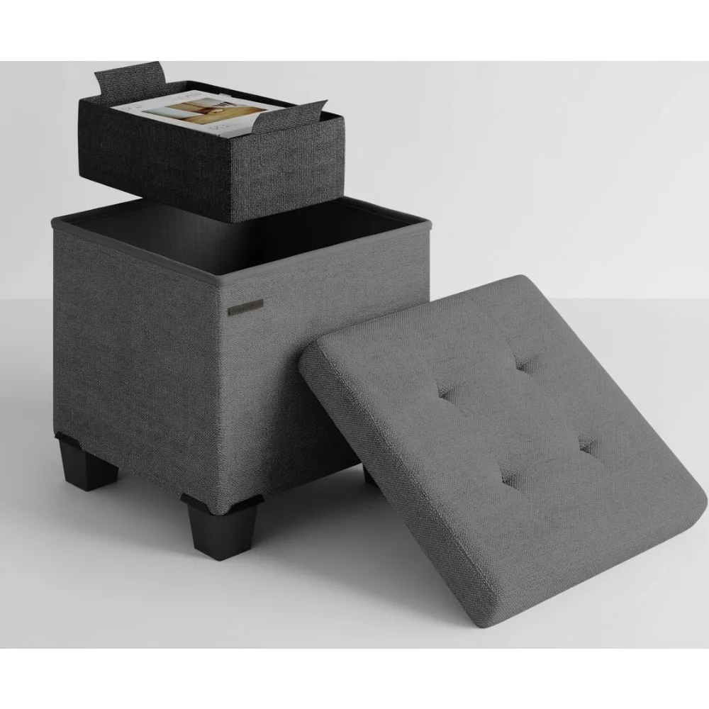 

16-дюймовый пуфик для хранения со съемным контейнером, складной табурет для ног для гостиной, спальни, максимальная емкость 330 фунтов, серый