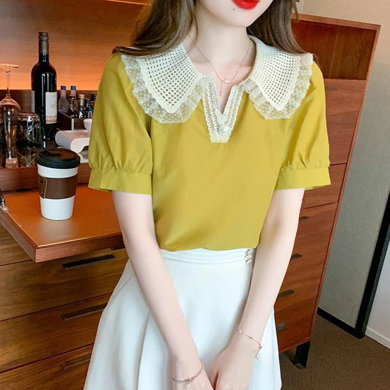 New Women Trendy Sweet Kawaii Lace Patchwork Blouses Korean Style Short Sleeve Loose Shirts Casual Solid Elegant Chic Tops Blusa