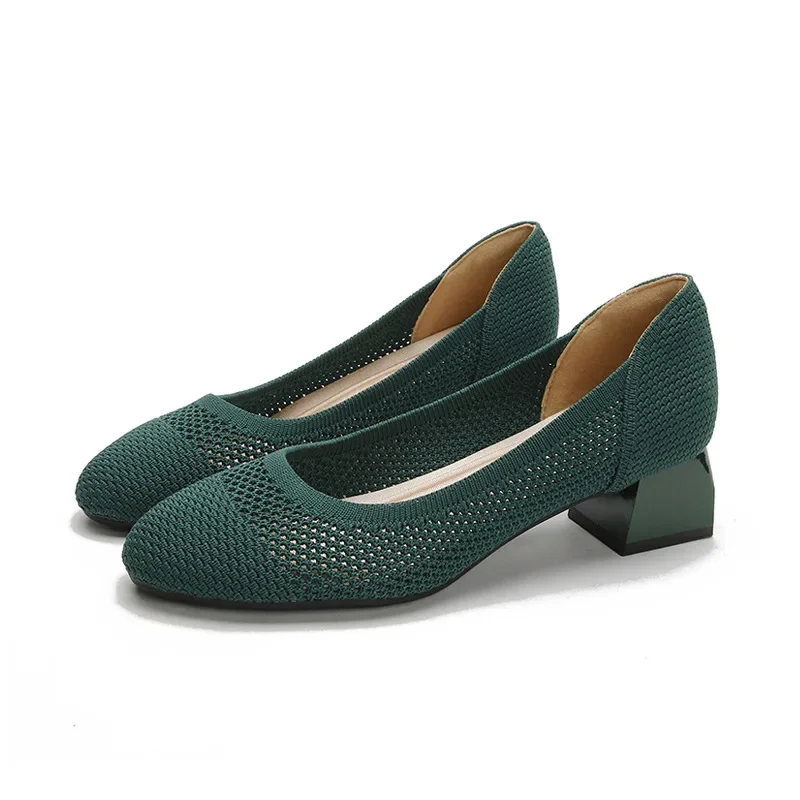 Plus Size Spring Women Shoes Autumn Women High-heeled Shoes Pointy Knit Breathable Comfortable Anti-skid Rubber Sole Work Shoes