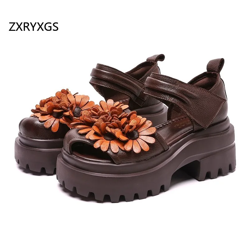 ZXRYXGS 2026 New Summer First Layer Cowhide Spell Color Flowers Shoes Fashion Sandals Platform Non-slip Women Heighten Sandals
