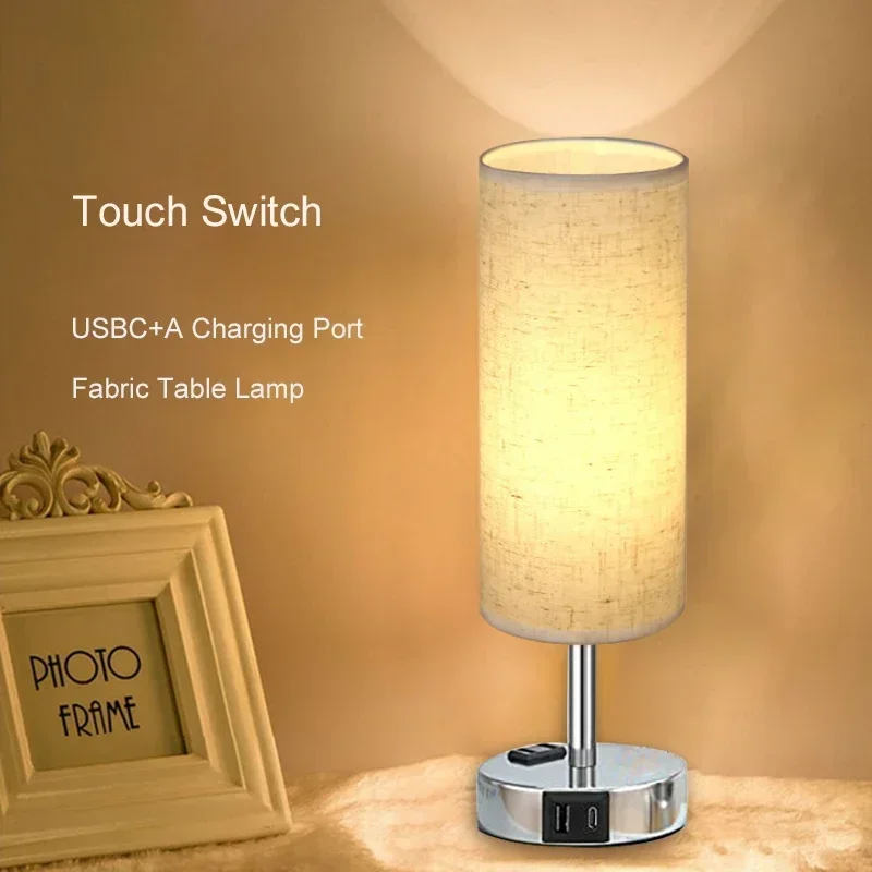 Nordic Fabric Table Lamp USBC+A Charging Port For Living Room Bedroom Bedside Study Desktop Touch Decorative Lighting Fixtures