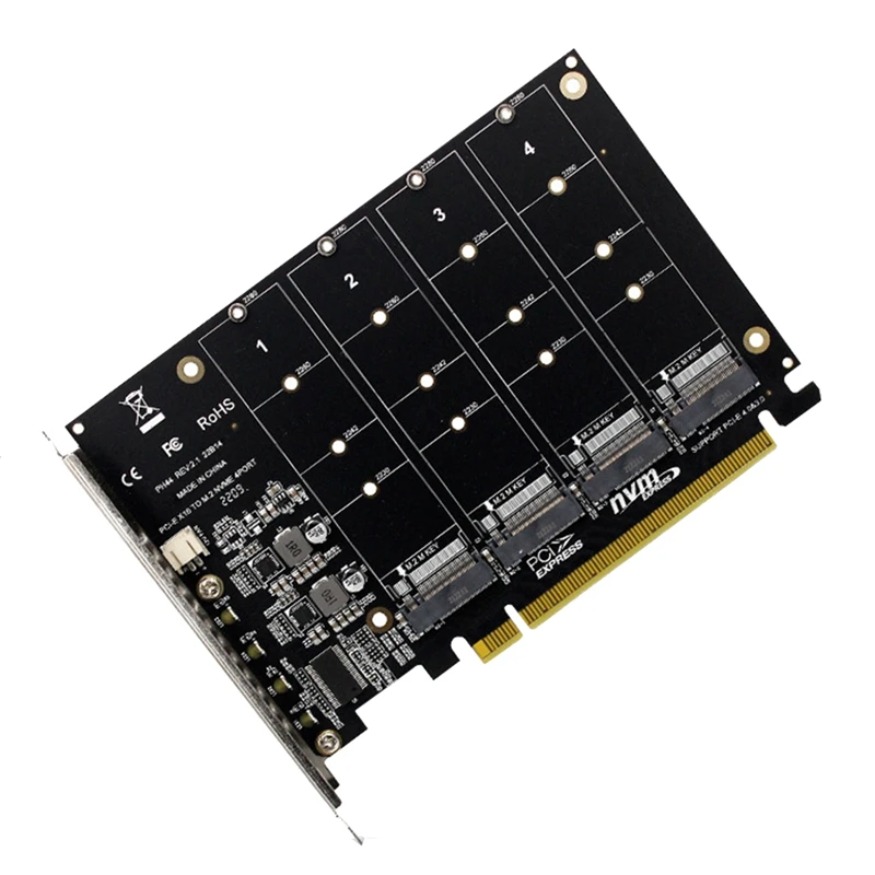 A48R-4 Port M.2 Nvme SSD To PCIE X16M Key Hard Drive Converter Reader Expansion Card, 4 X 32Gbps Transfer Speed