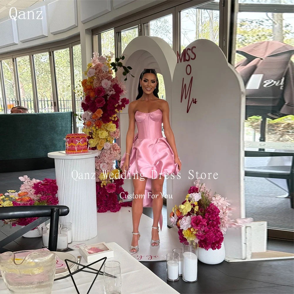 

Qanz Pink Short Wedding Party Dress Satin Mini Puffy A Line Prom Dresses Sweetheart Back Bow Birthday Dress Women Customized