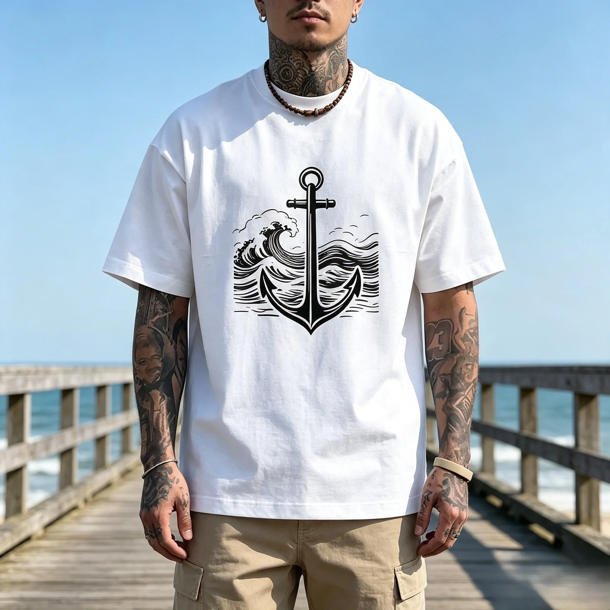 Unisex Anchor Ocean Wave Nautical Graphic T Shirt Men Women Sea Sailor Print Oversized Crew Neck Short Sleeve Casual Cotton Streetwear Top