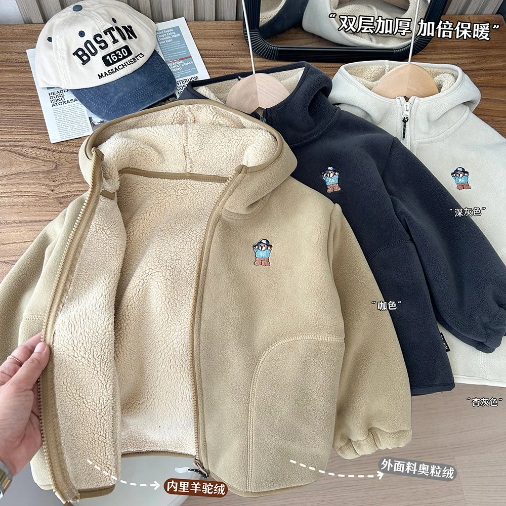 2024 Autumn Winter Boys Casual Thick Warm Embroidery Bear Single Fleece Jacket Kids Long Sleeve Coat Outerwear