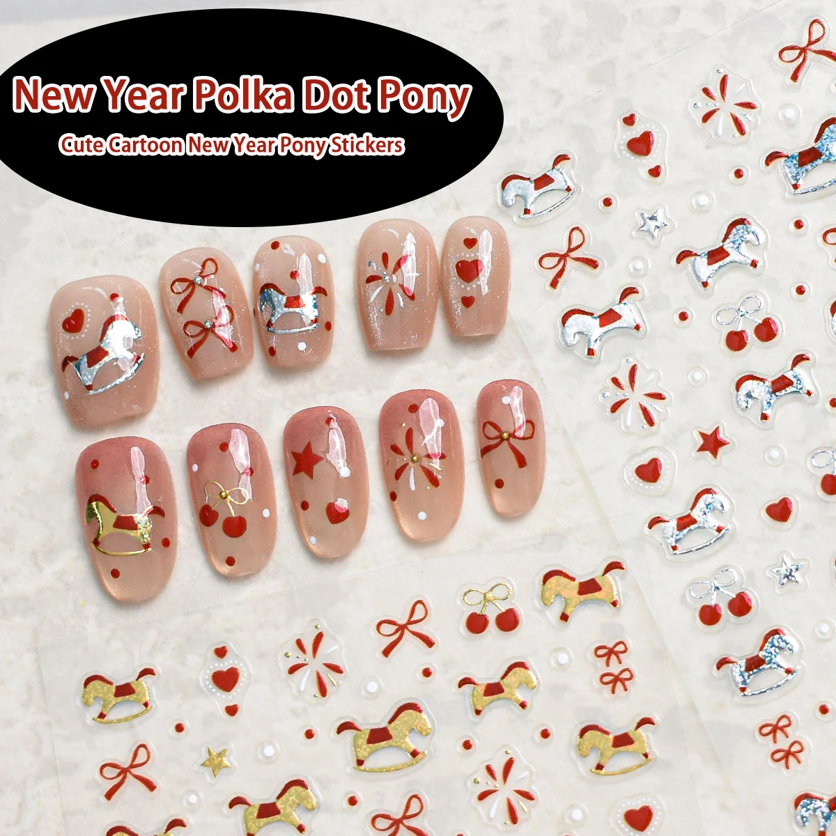 

2-Pack / New Year Polka Dot Pony Nail Stickers, Cute Cartoon Pony with Festive Elements (Heart/Bow/Cherry) Patterns, DIY Nail Ar