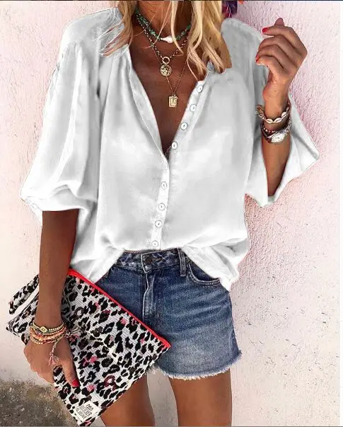 Loose Solid Color Long-sleeved V-neck Loose Button Ladies Shirt Summer Women\'s Blouse Explosion Models New Women Femme Blusas