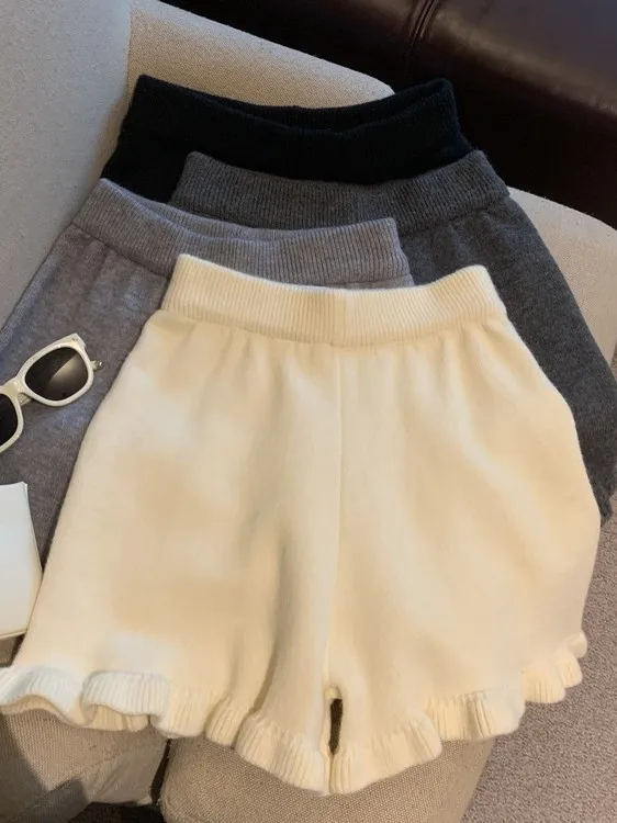 

Удобные вязаные короткие брюки для женщин: осенне-зимние, свободные, с высокой талией, утягивающие, базовый слой, повседневная верхняя одежда, прямые брюки