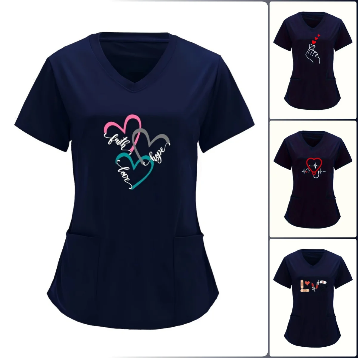 

Women's Casual V-Neck T-Shirt with Heart Print and Pocket Detail Summer Letter Love Heart Nurse Uniform Print Tops V-Neck