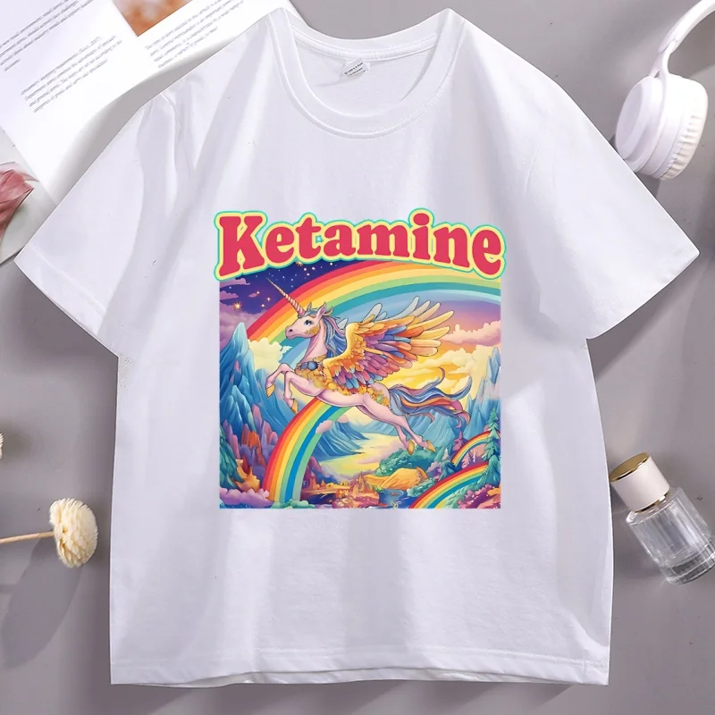 Funny Ketamine Horse Unicorn Emergency Rainbow T-Shirt Men Women Cotton Short Sleeve Printed Tshirts Casual Roud Neck Tees