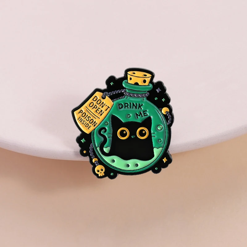 Cute Big Eyes Black Cat Elf Enamel Pins Don't Open Evil Inside Magic Potion Animal Brooches Lapel Badge Halloween Jewelry Gifts