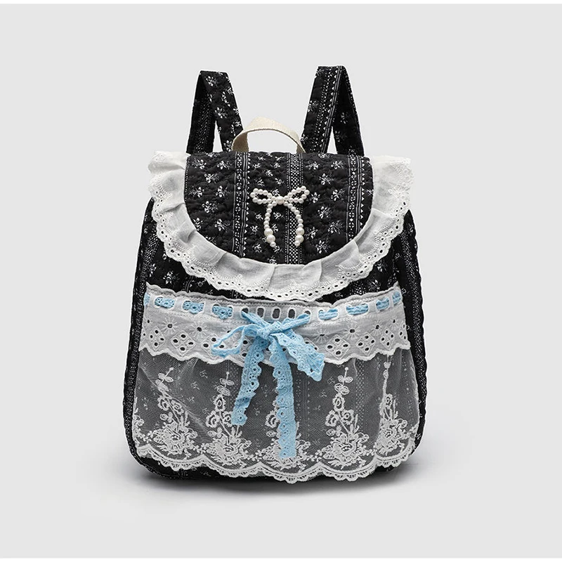 

Sweet Cute Floral Print Backpack Canvas Lace Patchwork Bow Backpack Versatile Casual Large Capacity Student Bag Travel Bag New