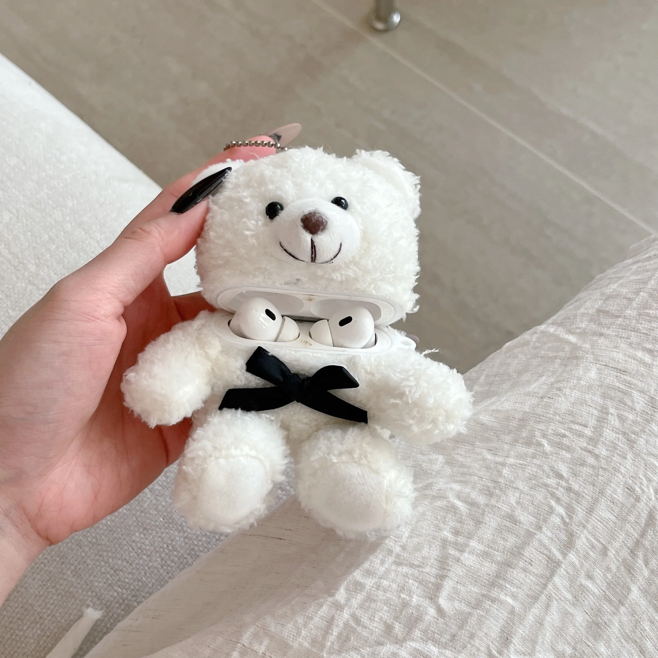 Cute Cartoon Fur Bowknot Bear Shape Case For Airpods 4 3 2 1 Air Pods Pro2 Generation Funny Fluffy Plush Warm Women Girls Cover
