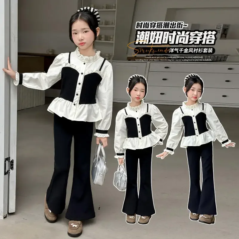 حار Kawaii فتاة بلوزات على الموضة فستان أطفال مع سروال داخلي طالب ربيع الخريف عادية الكرتون قميص جرس قيعان 2 قطعة مجموعة ملابس الأطفال