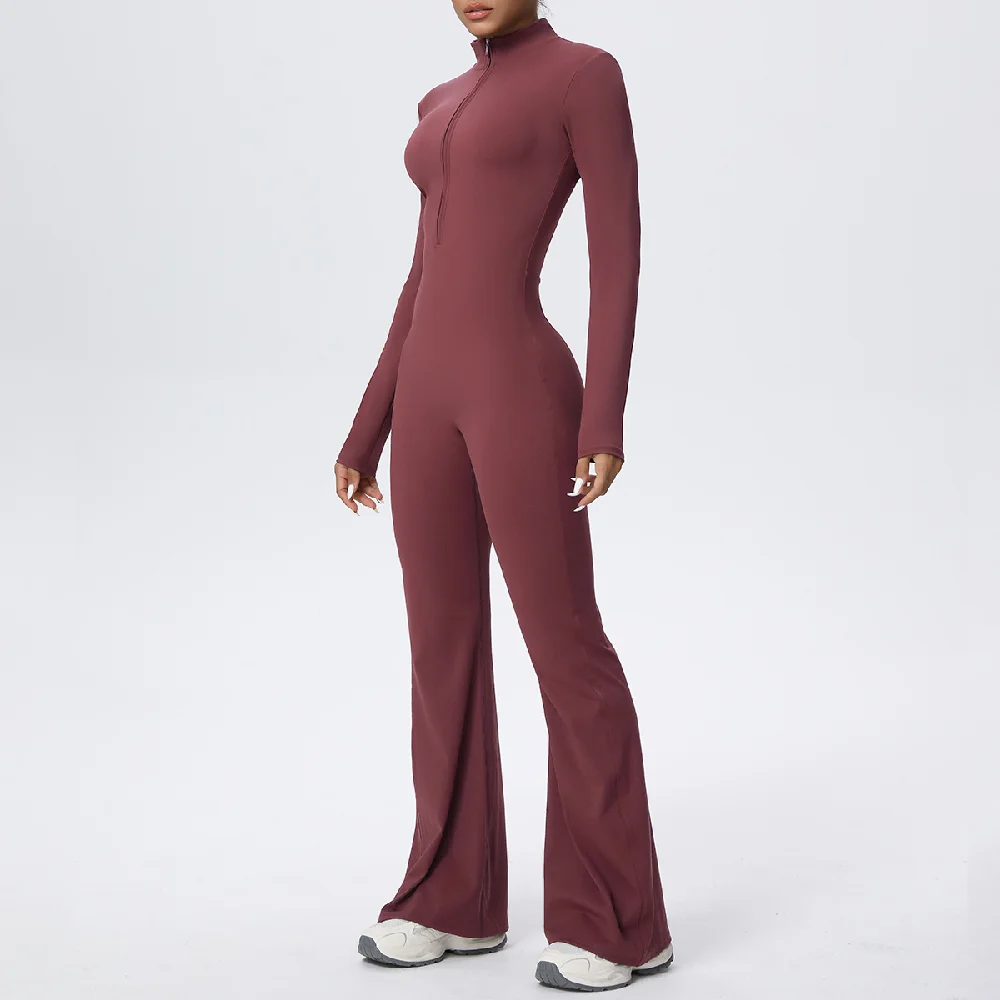 Yoga Romper Women's Zipper Long Sleeved Flared Pants Running Integratedexercise Gym Push Up Workout Workout One-piece Bodysuit