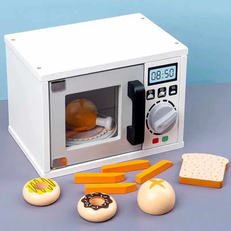 Wooden Kitchen Pretend Play Toy Simulation Wooden Microwave Oven Machine Baby Early Learning Educational Toys
