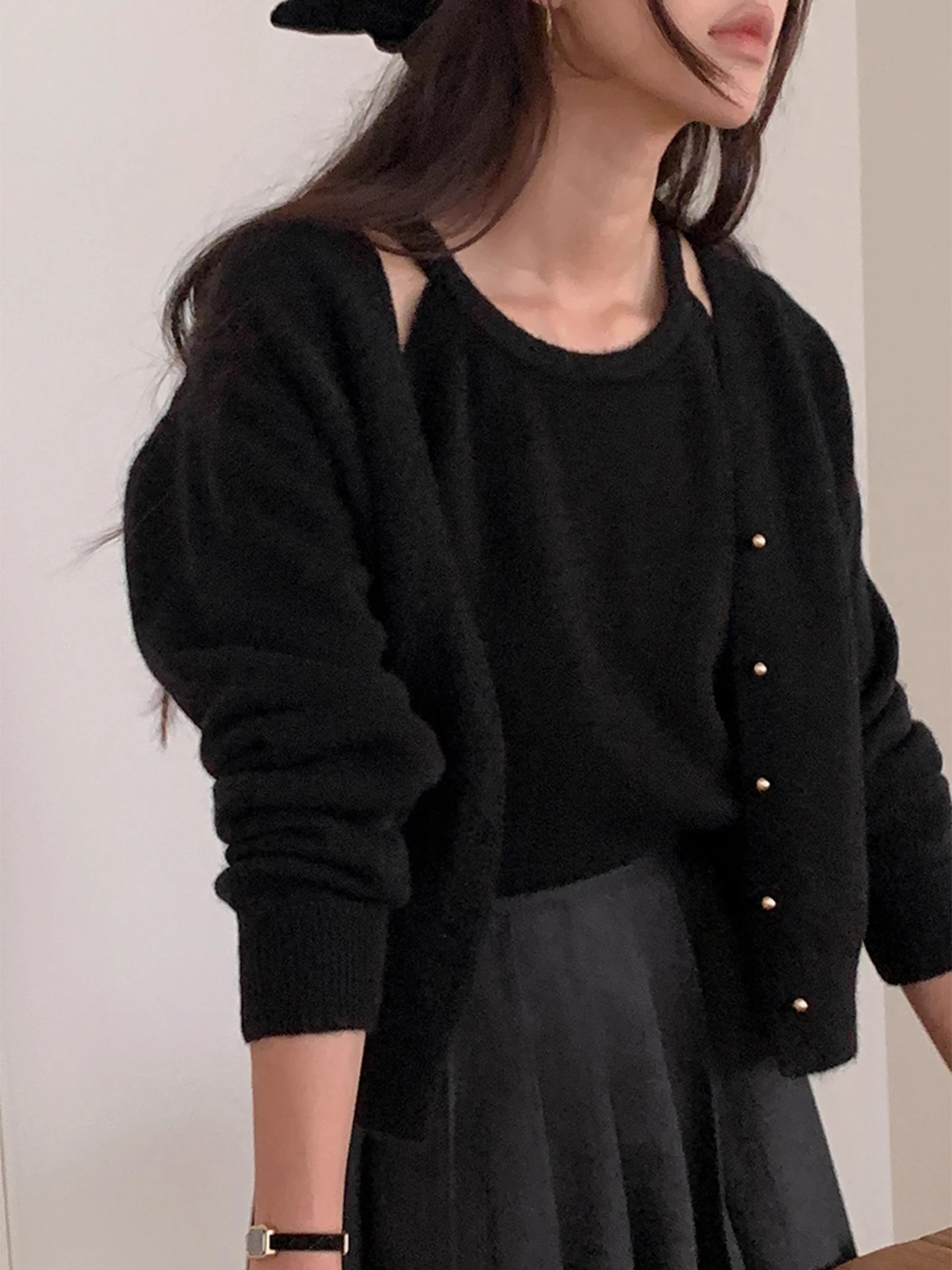 Modny zestaw: kardigan i kamizelka z dzianiny dla kobiet, długi rękaw, okrągły dekolt, wysoki stan, styl do pracy, kolekcja jesień 2025