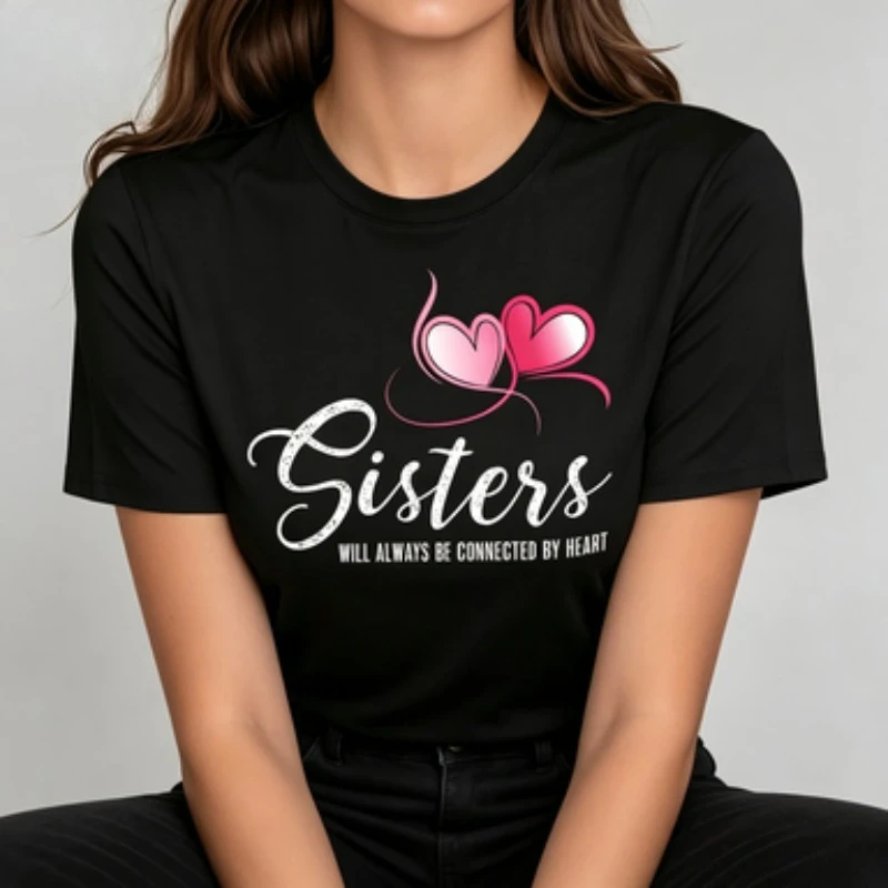 Women Modal Crew Neck T‑Shirt Sisters Connected By Heart Gradient Heart Graphic Print Family Love Inspirational Casual Short