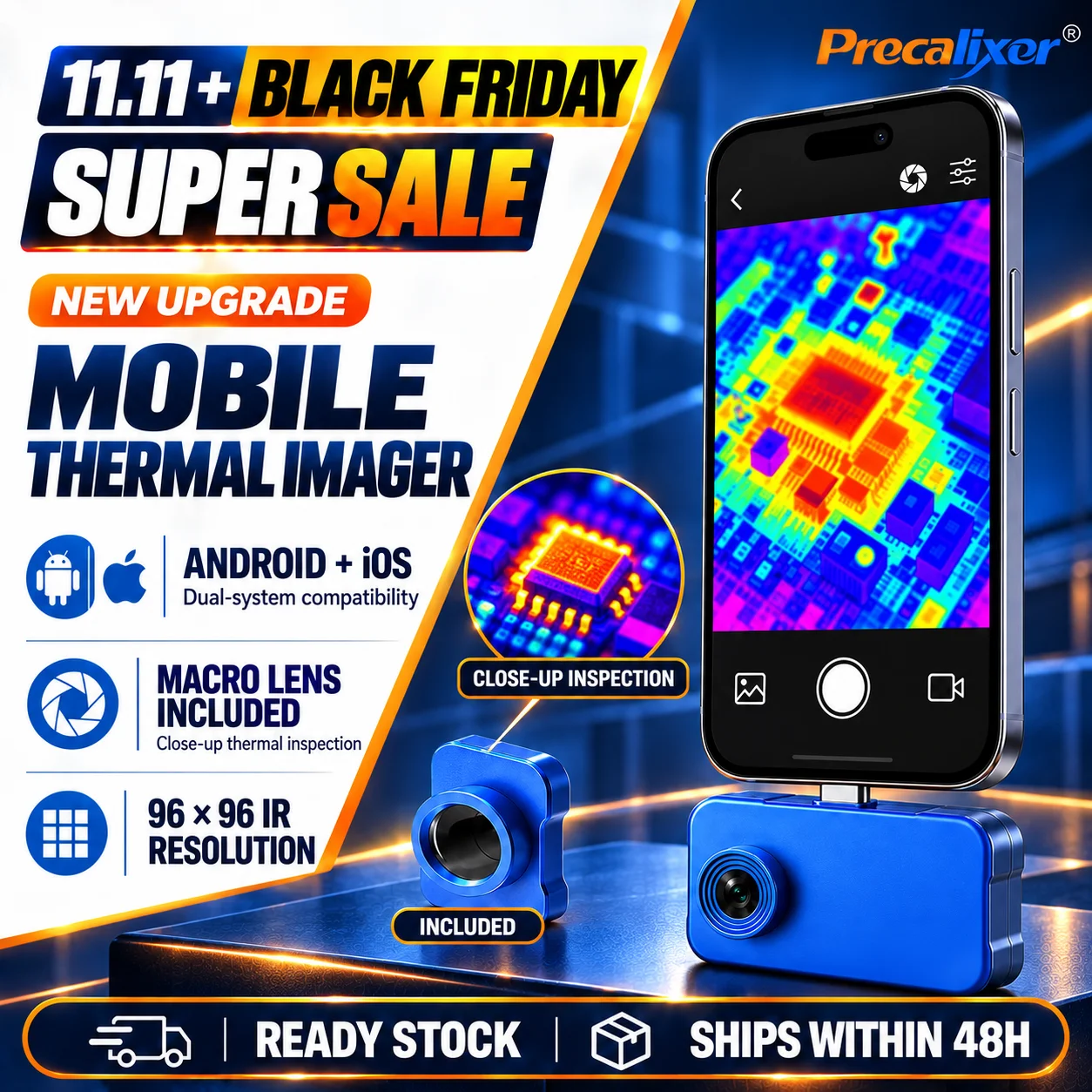 Thermal Imaging Camera Android iOS USB-C Plug-in Infrared Imager 96x96 NETD 60mK Macro Lens Phone Thermal Camera Tester