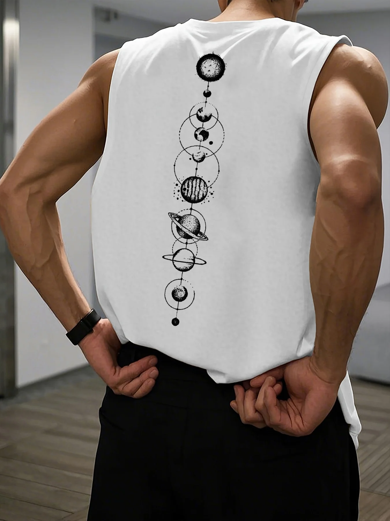 100% Cotton Men's Summer Leisure Sports Fitness Loose Space Planet Print Comfortable Breathable Round Neck Sleeveless Tank Top