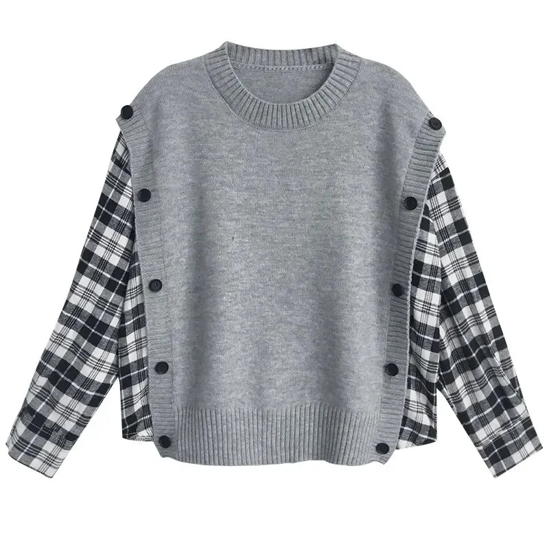 Fake Two Checkered Shirts, Women's Spliced Sweater, Loose Fitting Pullover, 2024 Spring New Korean Round Neck Long Sleeved Top