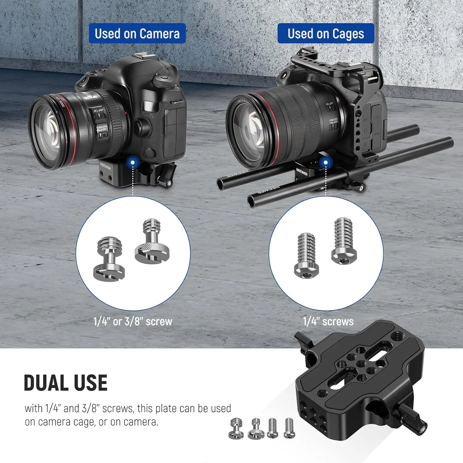 NEEWER Camera Base Plate with Dual Rod Rail Clamp 15mm LWS Baseplate for Camera Cage Tripod Shoulder Rig with 1/4\