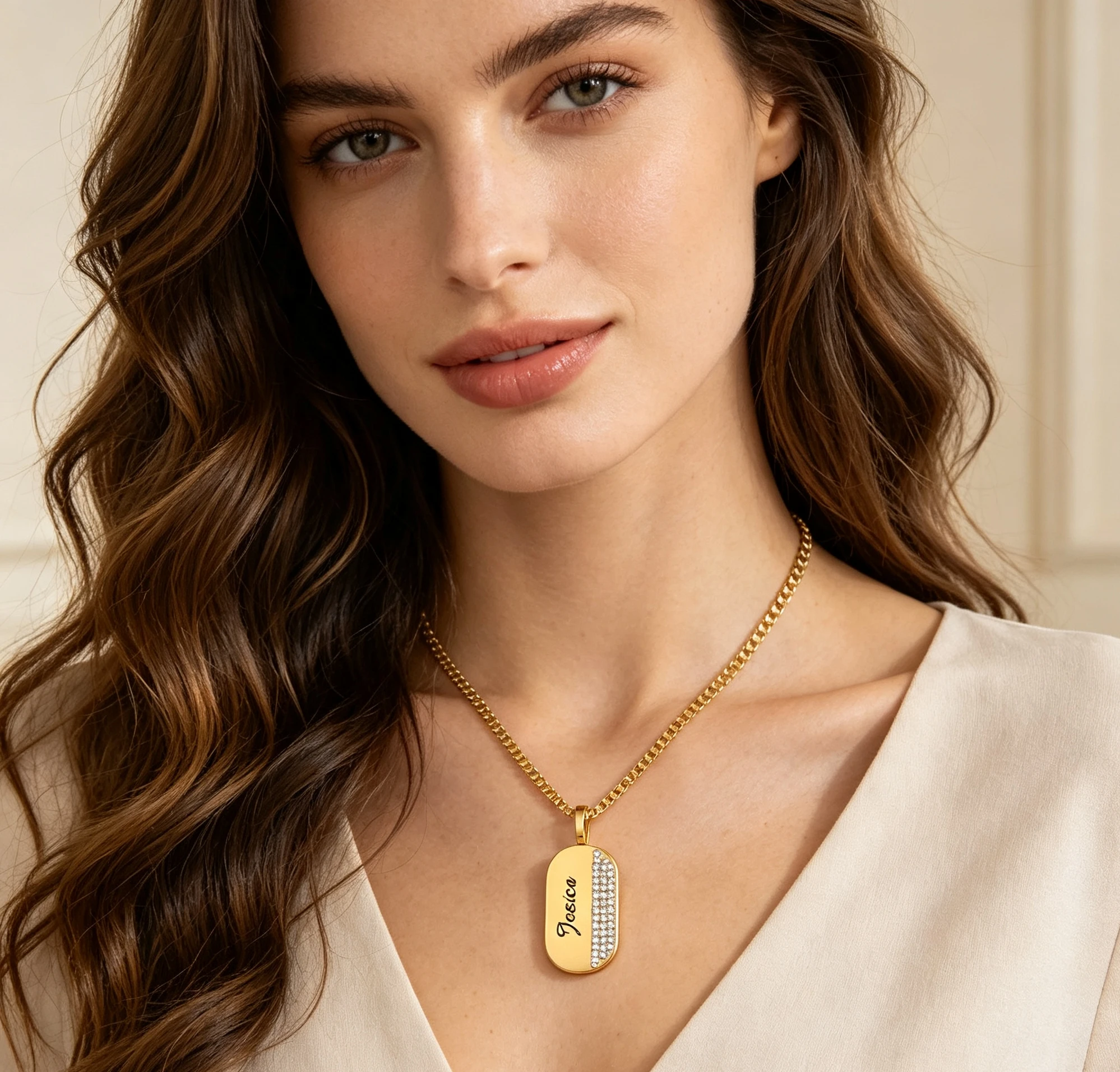18K Gold Plated Engravable Blessing Lab Made Emerald Pendant Necklace-Oval