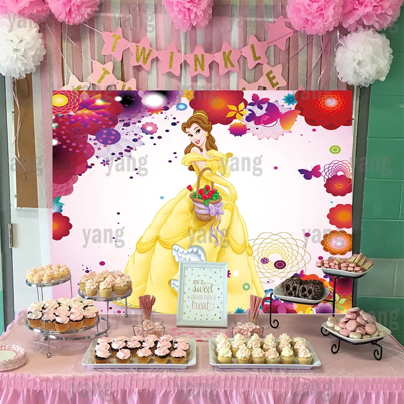 Disney Beauty and the Beast Cartoon Belle Cute Princess Romantic Birthday Party Colorful Flowers Backdrop Photography Background