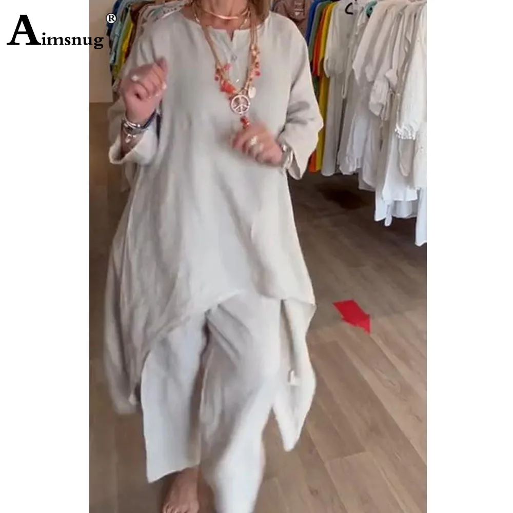 Plus Size Women Casual Linen Two Piece Sets 2024 New Summer Vintage Long Blouse and Wide Leg Pants Suits Female Tracksuits Set