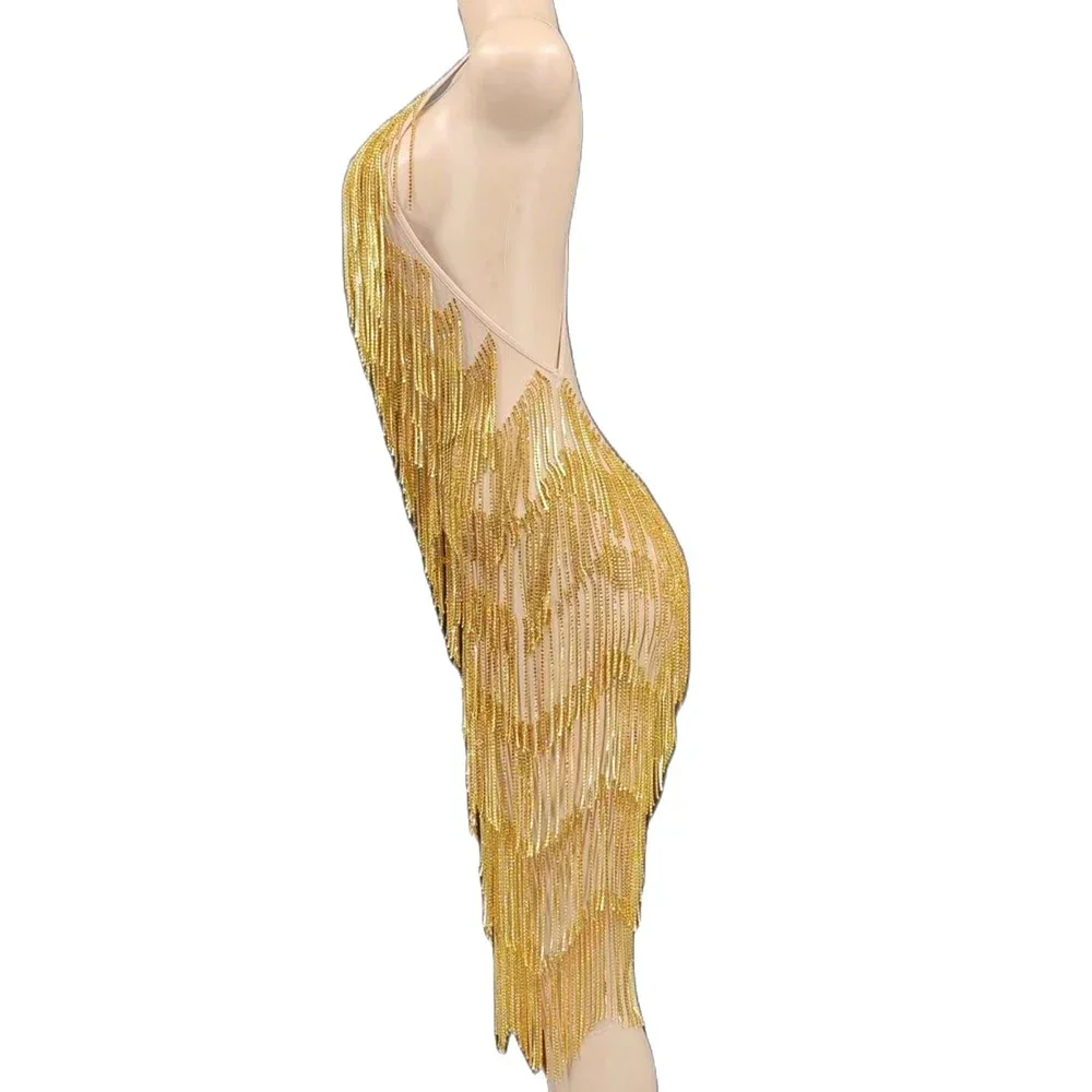 輝く黄色のクリスタルタッセル女性ドレスノースリーブバックレス DJ シンガーダンスステージ着用誕生日パーティードラッグクイーン衣装