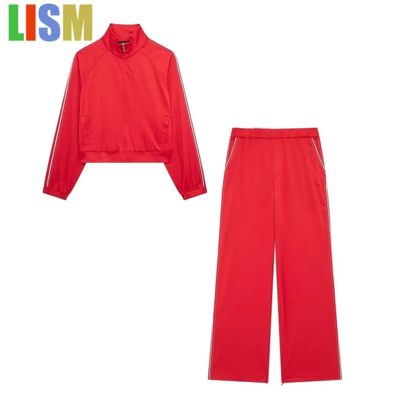 

LISM winter woman outfit tracksuit New in matching sets two piece set Red Bump Striped Zipper Jacket+Drawstring Pocket 2025