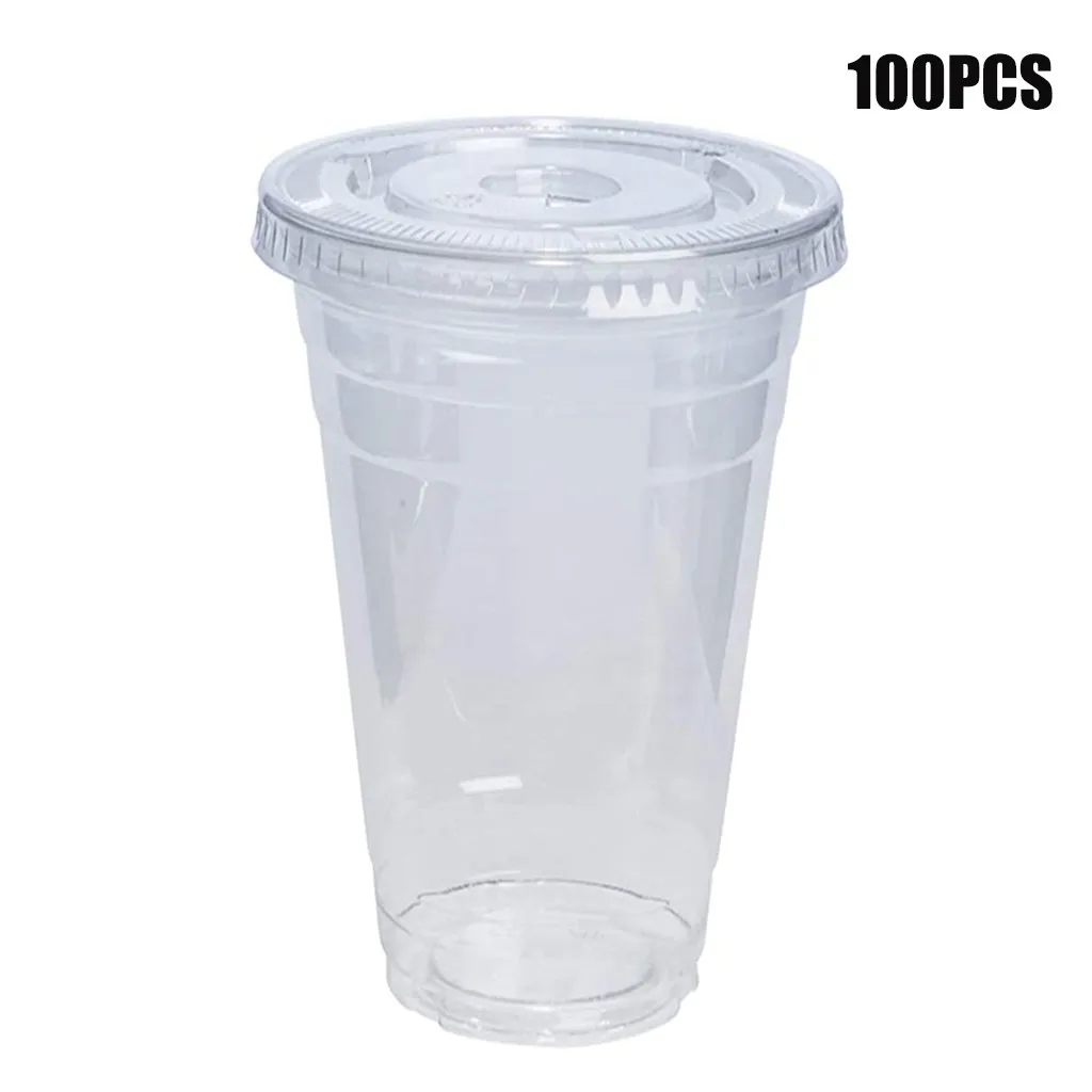 450ml 100 Sets Disposable Plastic Cups With Dome Transparent Non-slip Material Lids For Iced Cold Drink Coffee Tea Smoothie