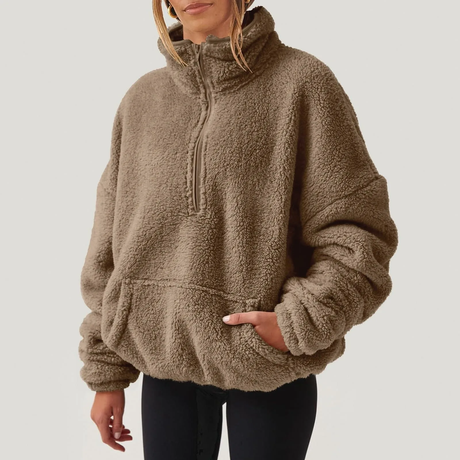 Fuzzy Quarter Zip Sweatshirt Women Trendy Casual Zipper Pullover Fleece Sweatshirts Long Sleeve Winter Outfits Cute Fashion