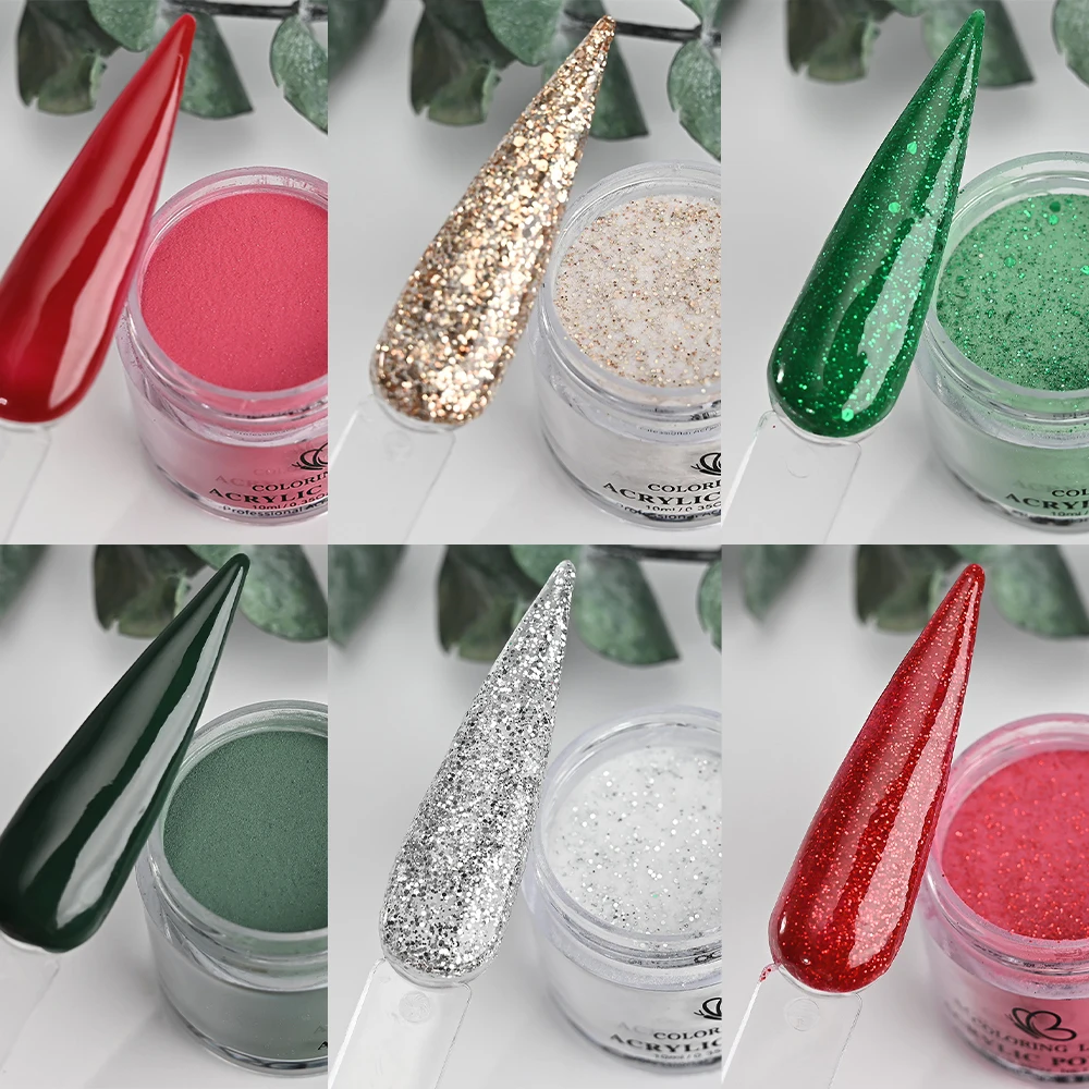 6pcs Gold/Red/Green Christmas Acrylic Nail Powders set with Glitters Sequins Professional Acrylic Powder Nail Extension Supplies