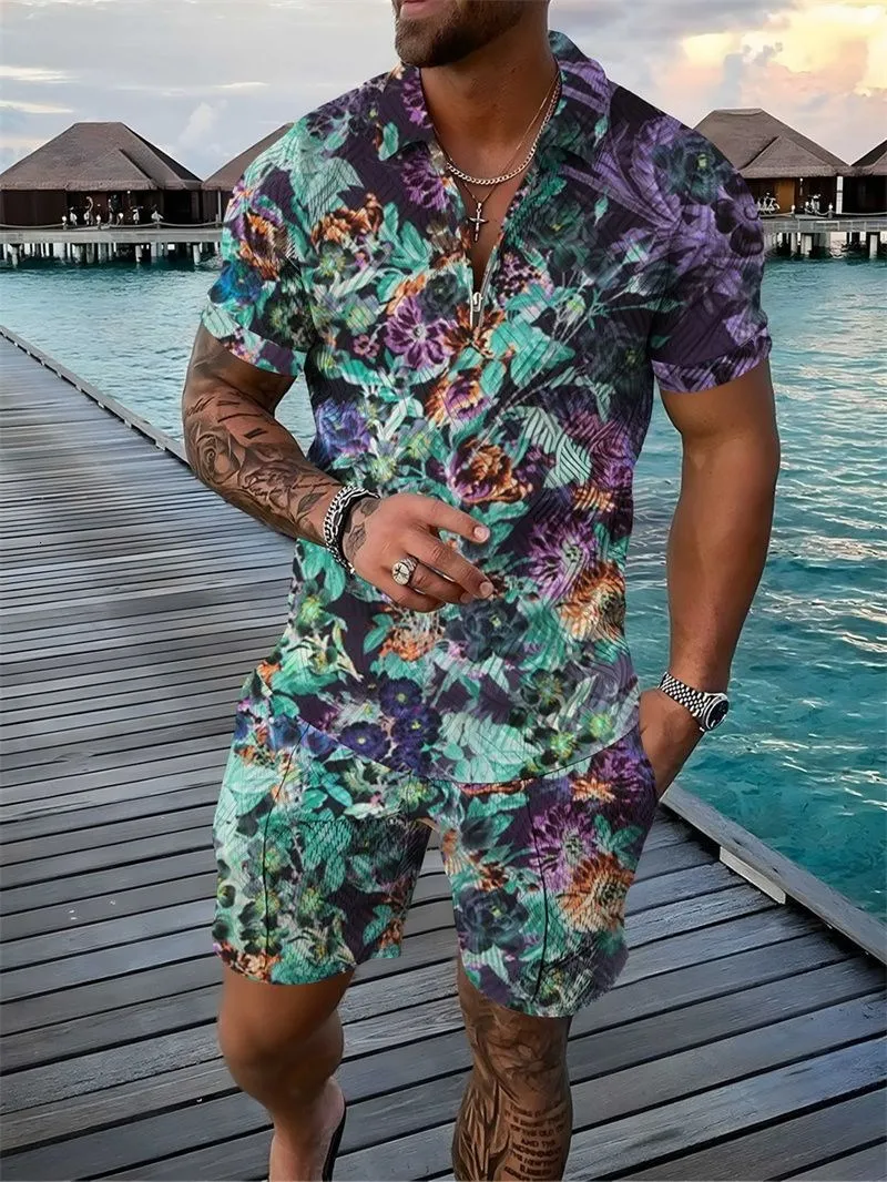 2024 New Men\'s summer Tracksuit 2 Piece Set Floral Print 3D Polo Shirt Short Sleeve T Shirt and Shorts Casual Man Clothing