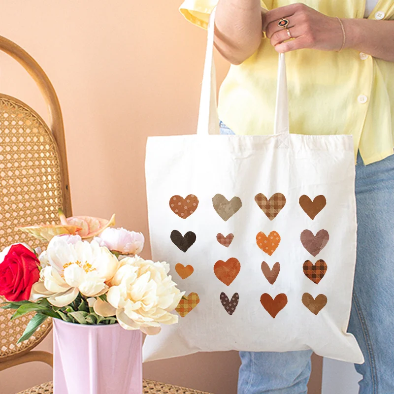 

Fall in Love Hearts Tote Bag Fashion Foldable Shopping Ecobag with Zipper Romantic Shoulder Handbags for Valentines Days Gifts