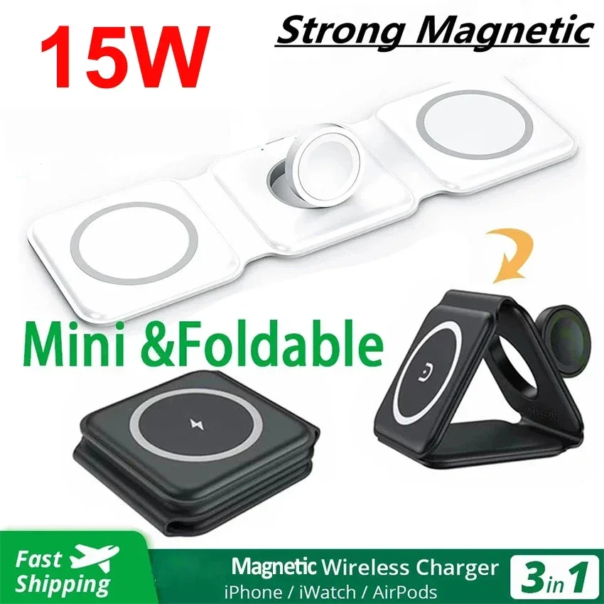 15W 3 in 1 Wireless Charger Pad Stand Foldable Magnetic Fast Wireless Charging Dock Station for iPhone 15 14 Apple Watch Airpods