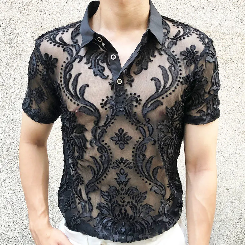 Masculine Soft Velvet Slim Men\'s Clothing Nightclub Short-sleeved Sexy Polo Transparent Blue Retro Court Floral Polo See Through