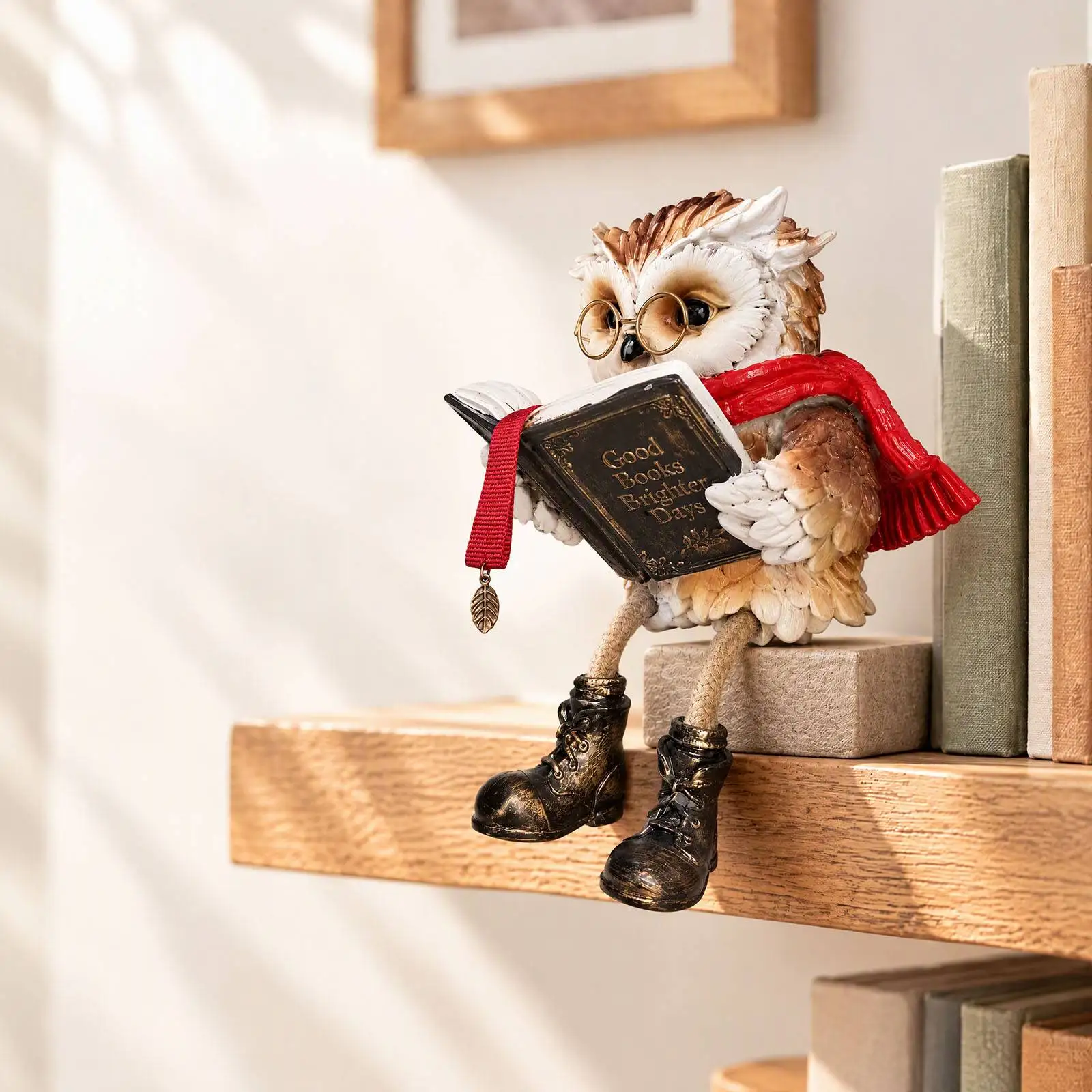 Owl Reading Book Figurine Resin Rustic Home Decor Shelf Sitter with Scarf And Boots 20x14cm